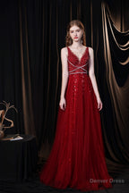 A Line V Neck Shiny Sequin Beaded Prom Dresses