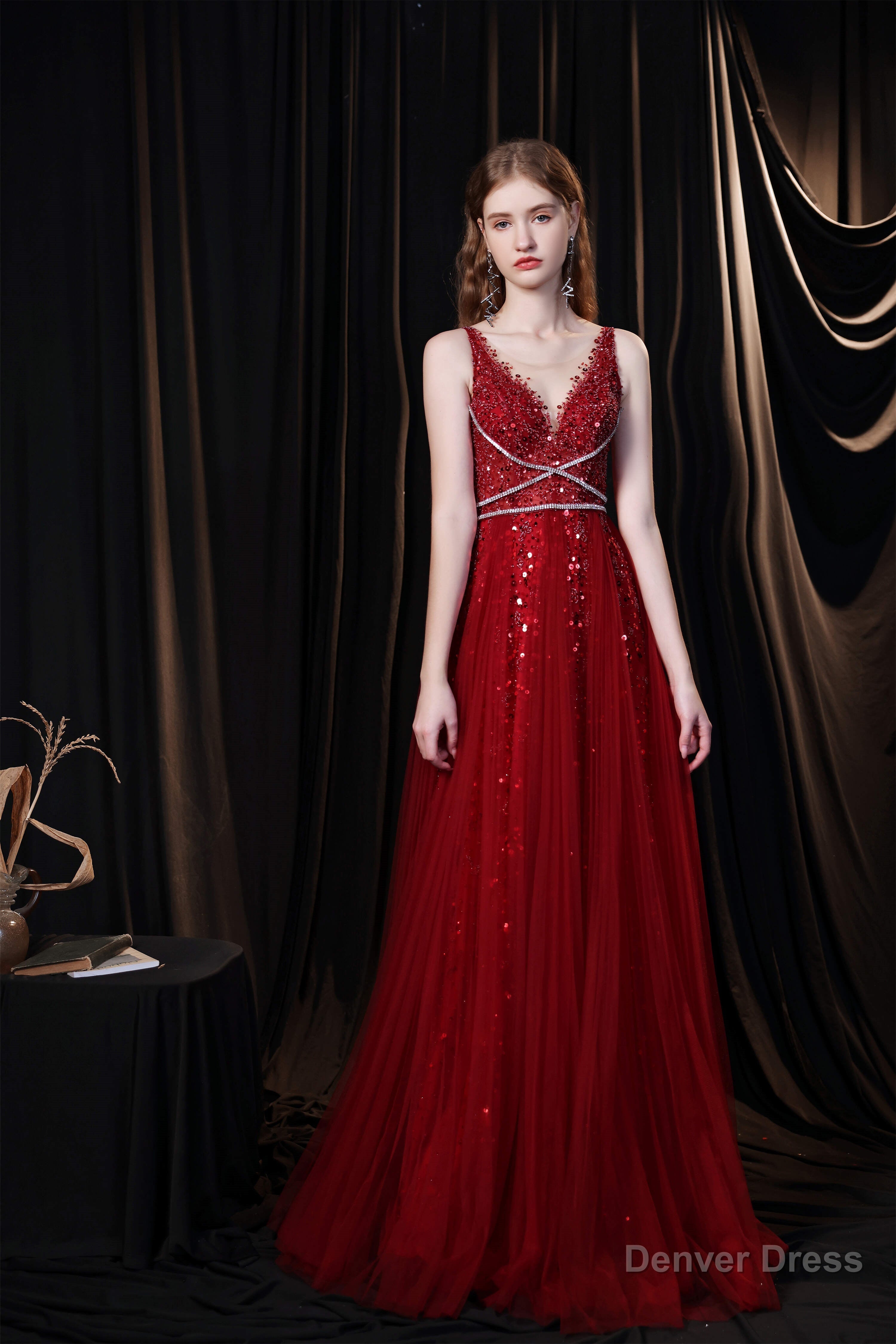 A Line V Neck Shiny Sequin Beaded Prom Dresses