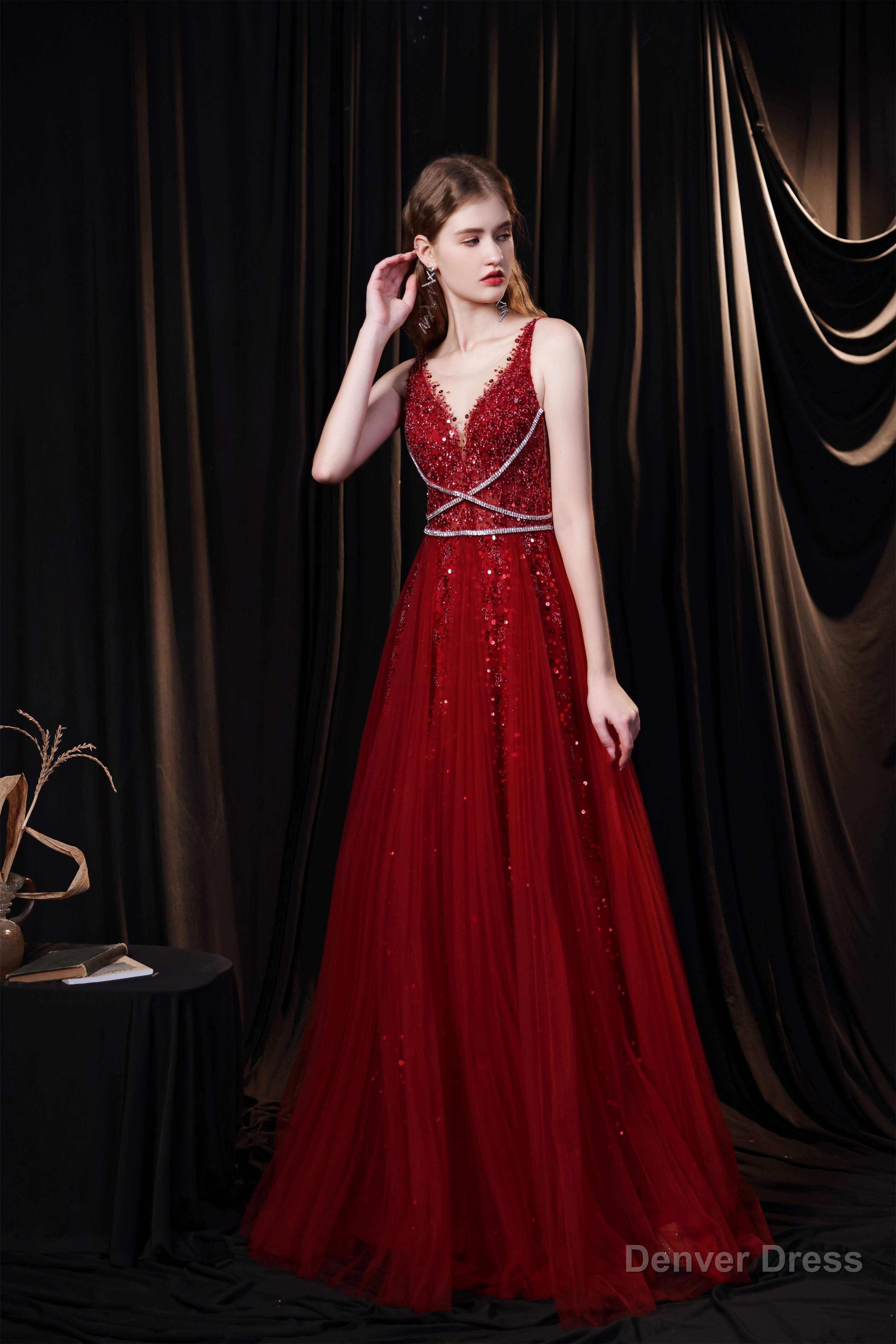 A Line V Neck Shiny Sequin Beaded Prom Dresses