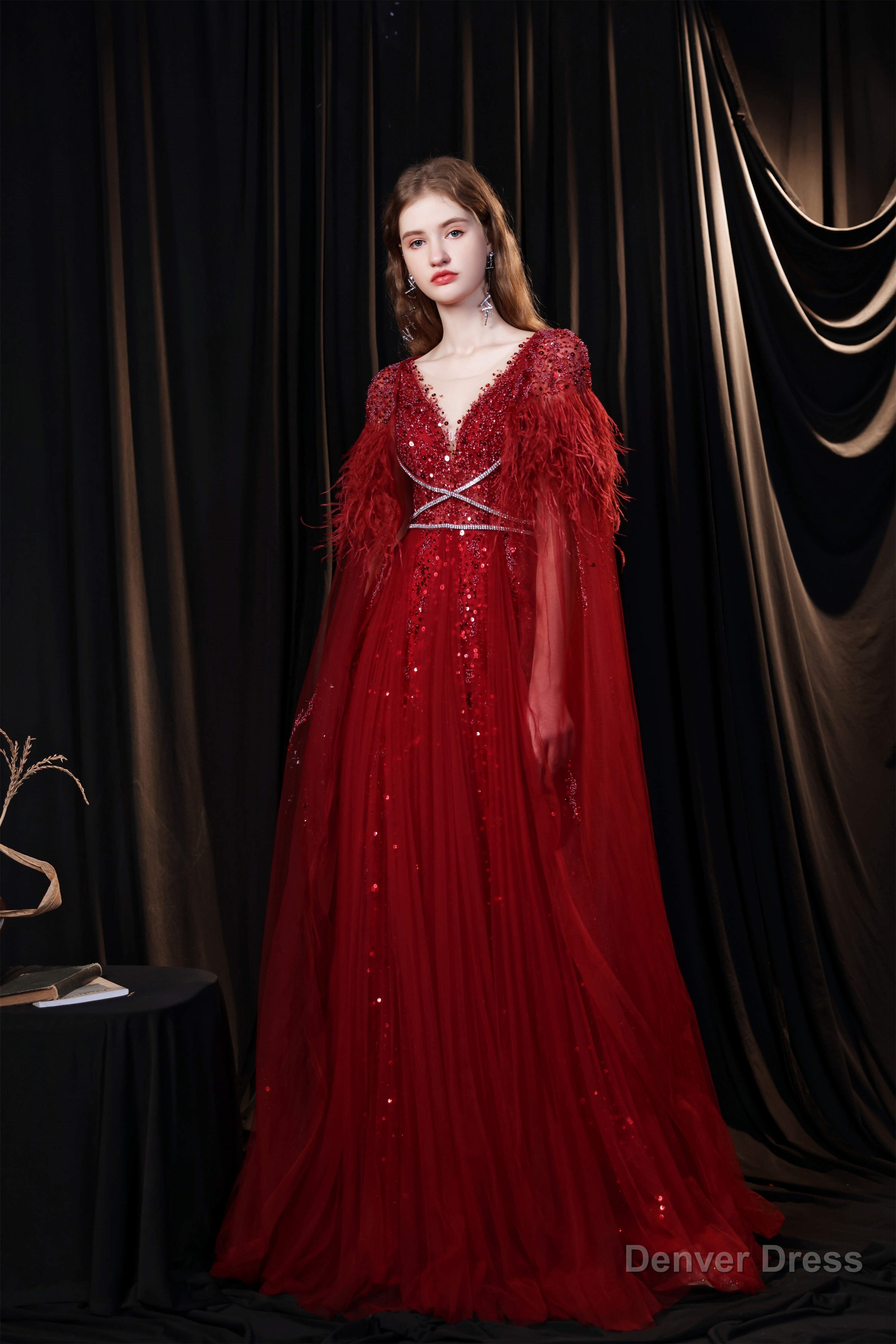 A Line V Neck Shiny Sequin Beaded Prom Dresses