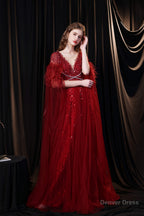 A Line V Neck Shiny Sequin Beaded Prom Dresses