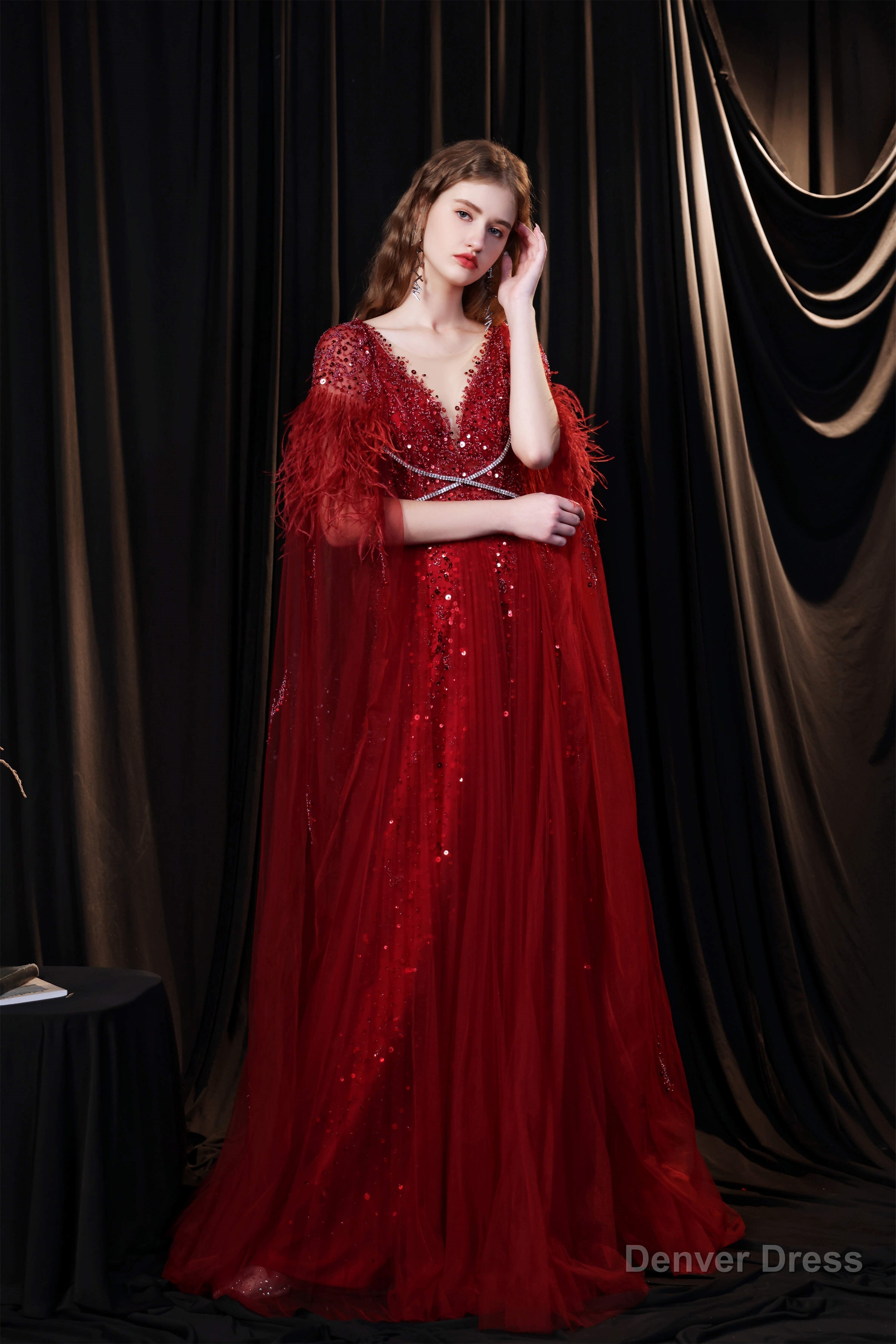 A Line V Neck Shiny Sequin Beaded Prom Dresses