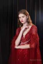 A Line V Neck Shiny Sequin Beaded Prom Dresses