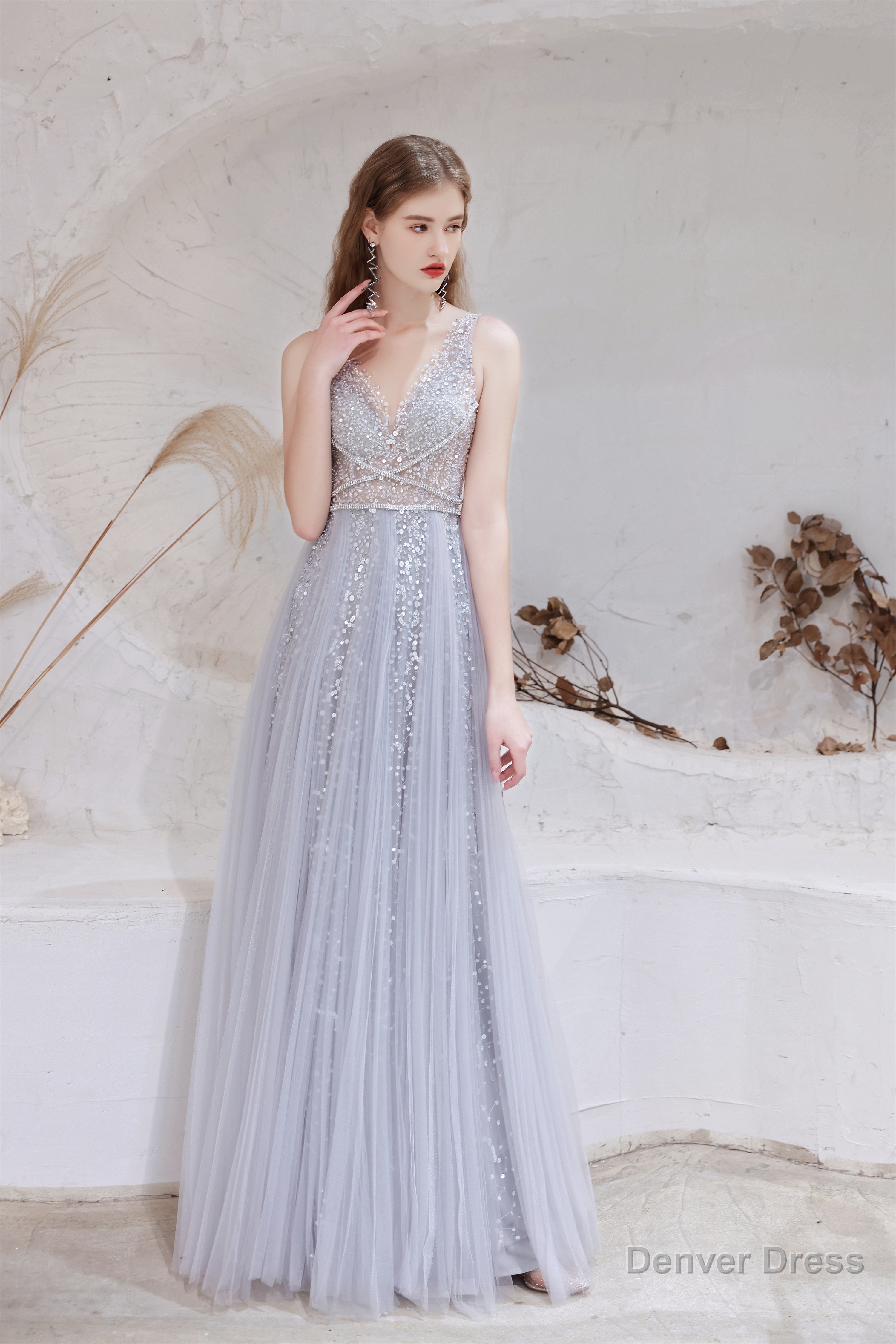 A Line V Neck Shiny Sequin Beaded Prom Dresses Secondary image