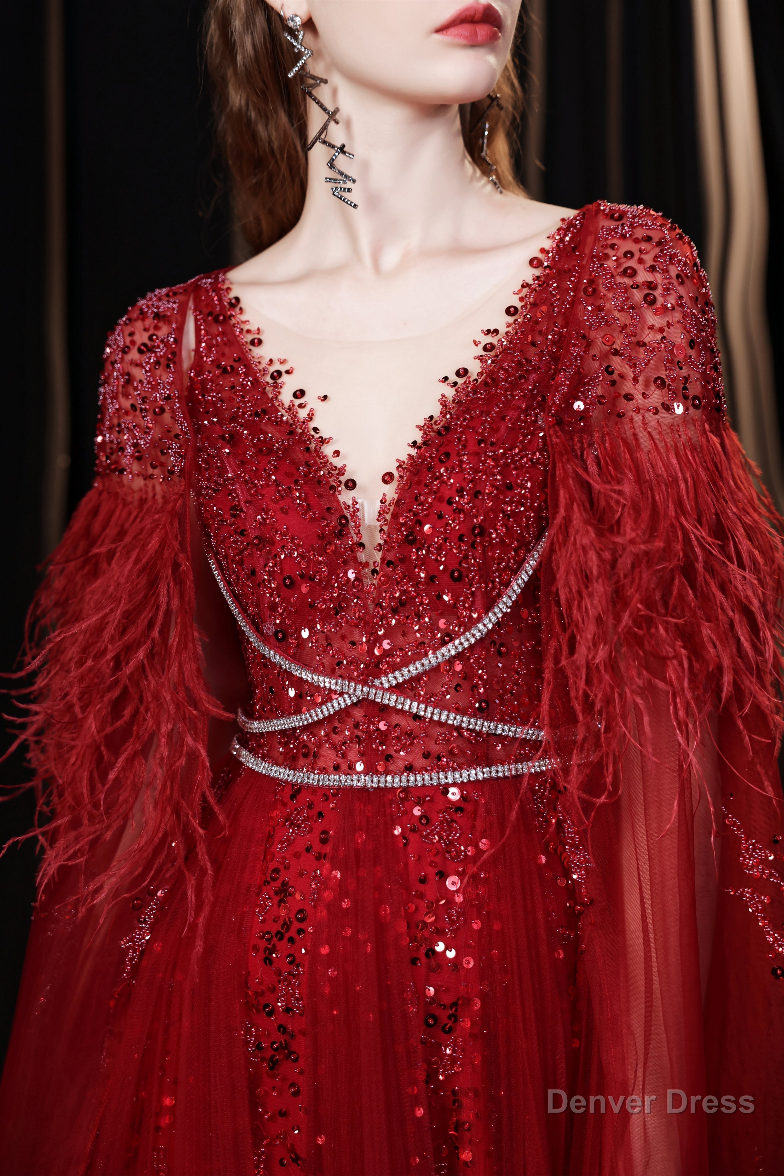 A Line V Neck Shiny Sequin Beaded Prom Dresses