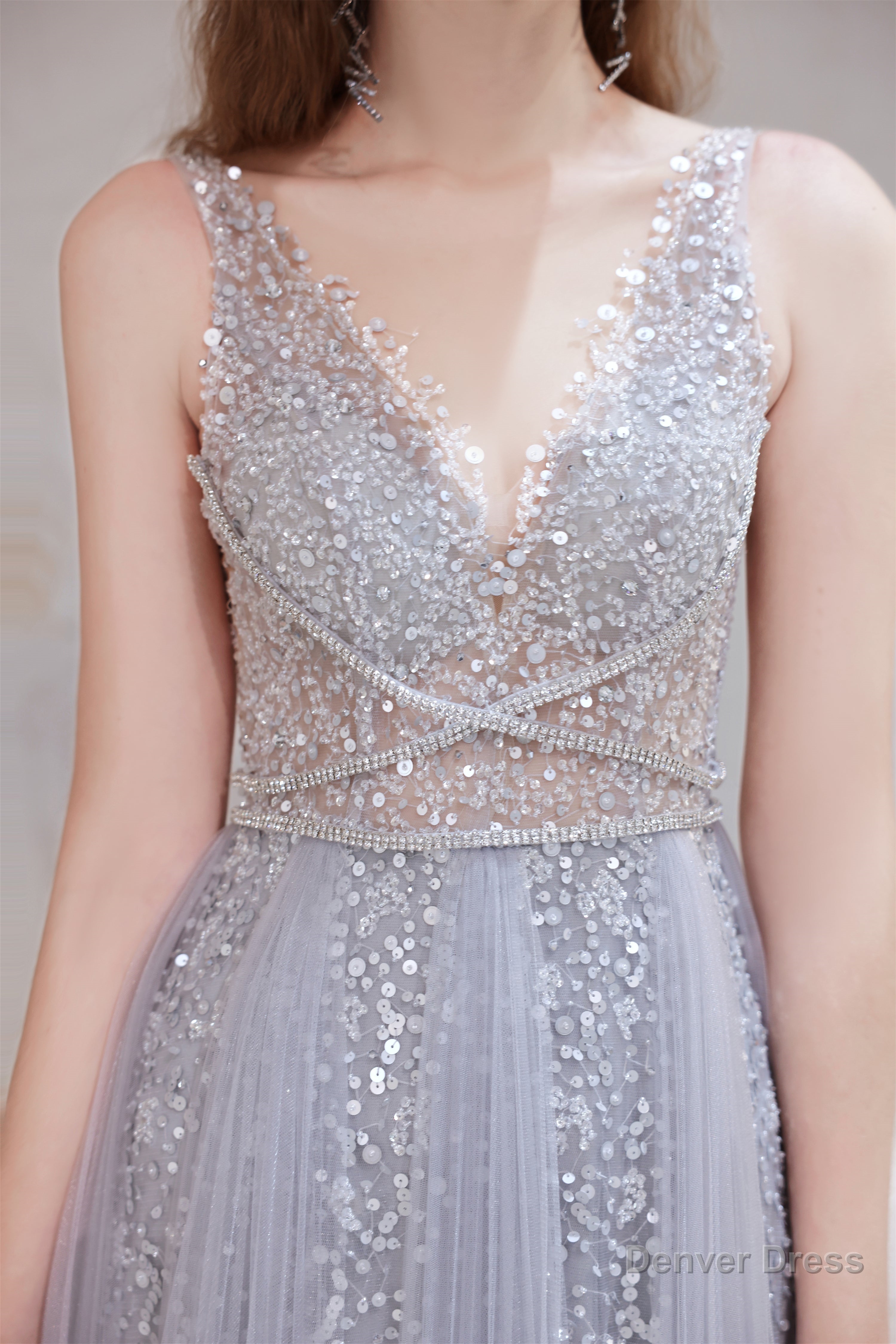 A Line V Neck Shiny Sequin Beaded Prom Dresses