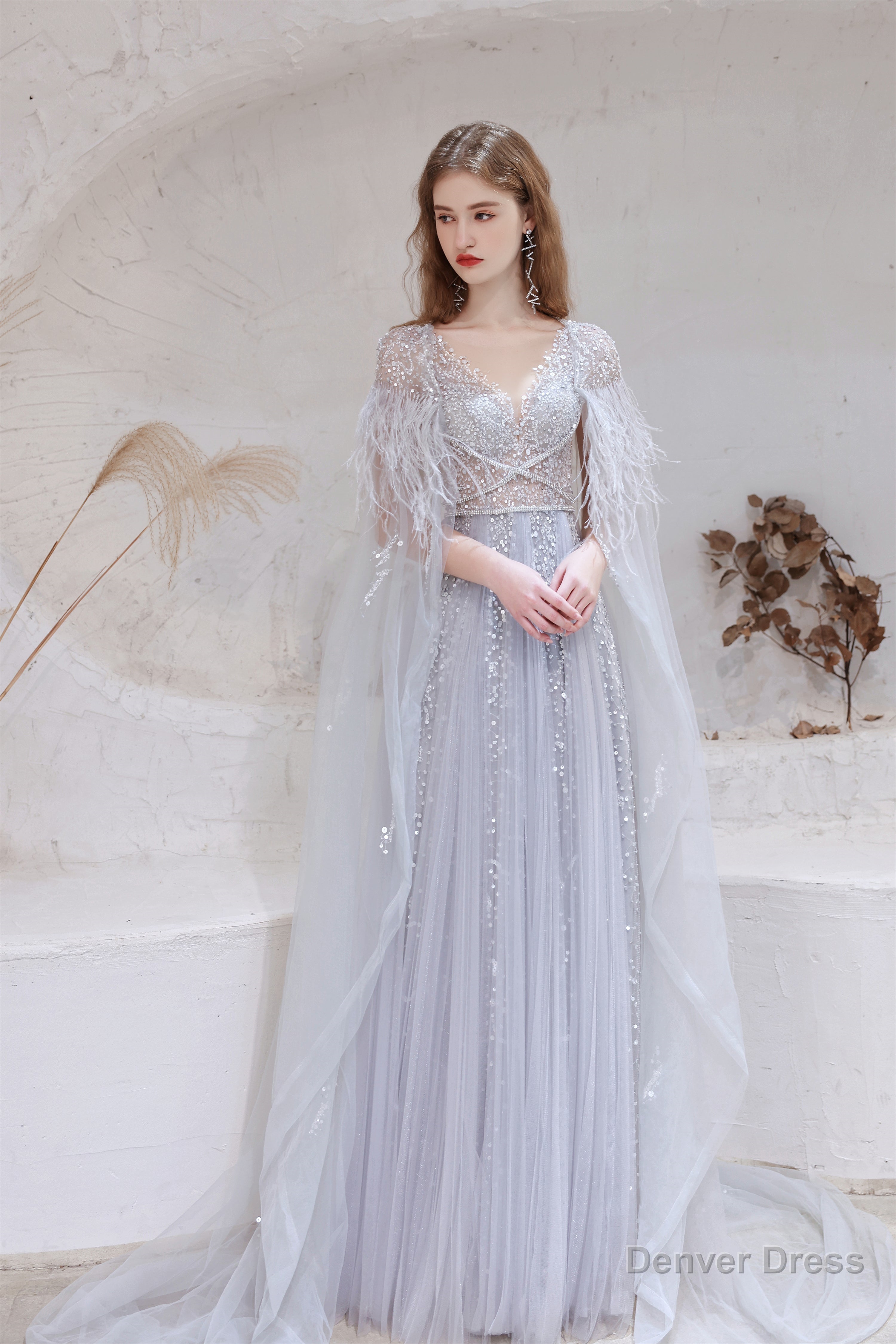 A Line V Neck Shiny Sequin Beaded Prom Dresses