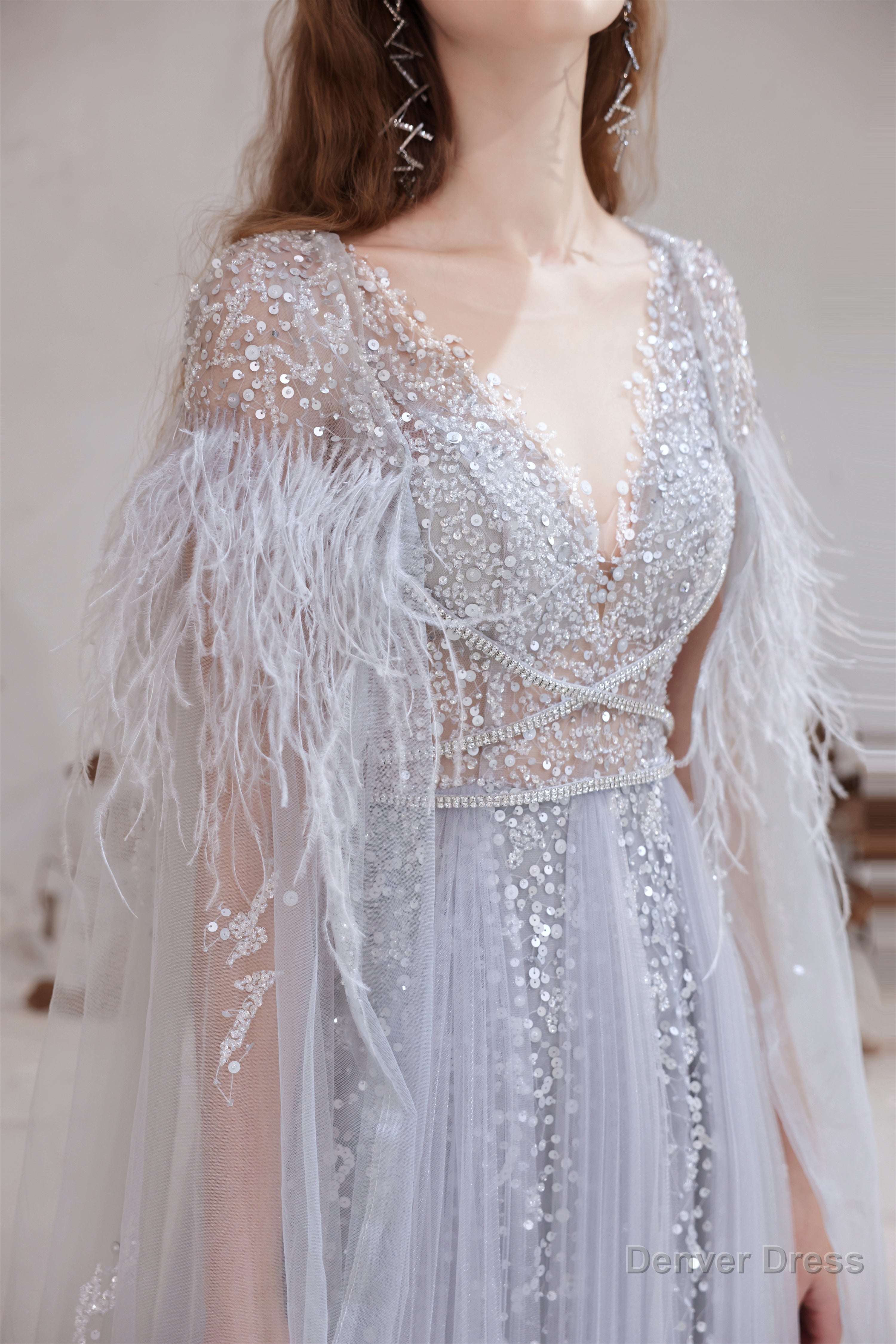 A Line V Neck Shiny Sequin Beaded Prom Dresses