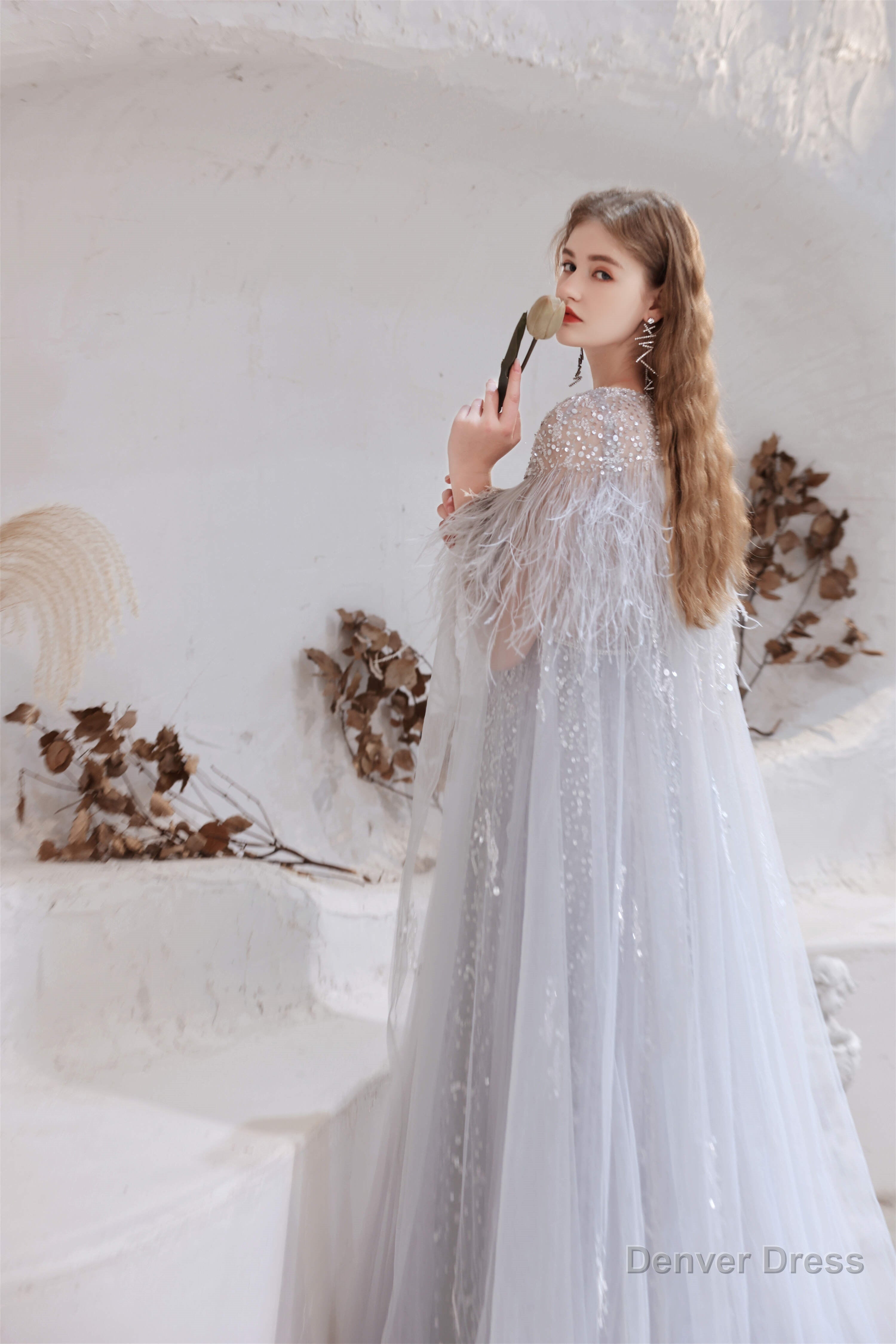 A Line V Neck Shiny Sequin Beaded Prom Dresses