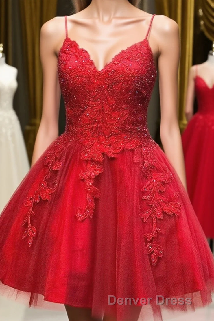 A Line V Neck Short Backless Red Lace Prom Dresses, Short Red Backless Lace Formal Homecoming Dresses Main image