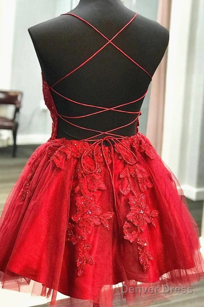 A Line V Neck Short Backless Red Prom Dresses Homecoming Dresses