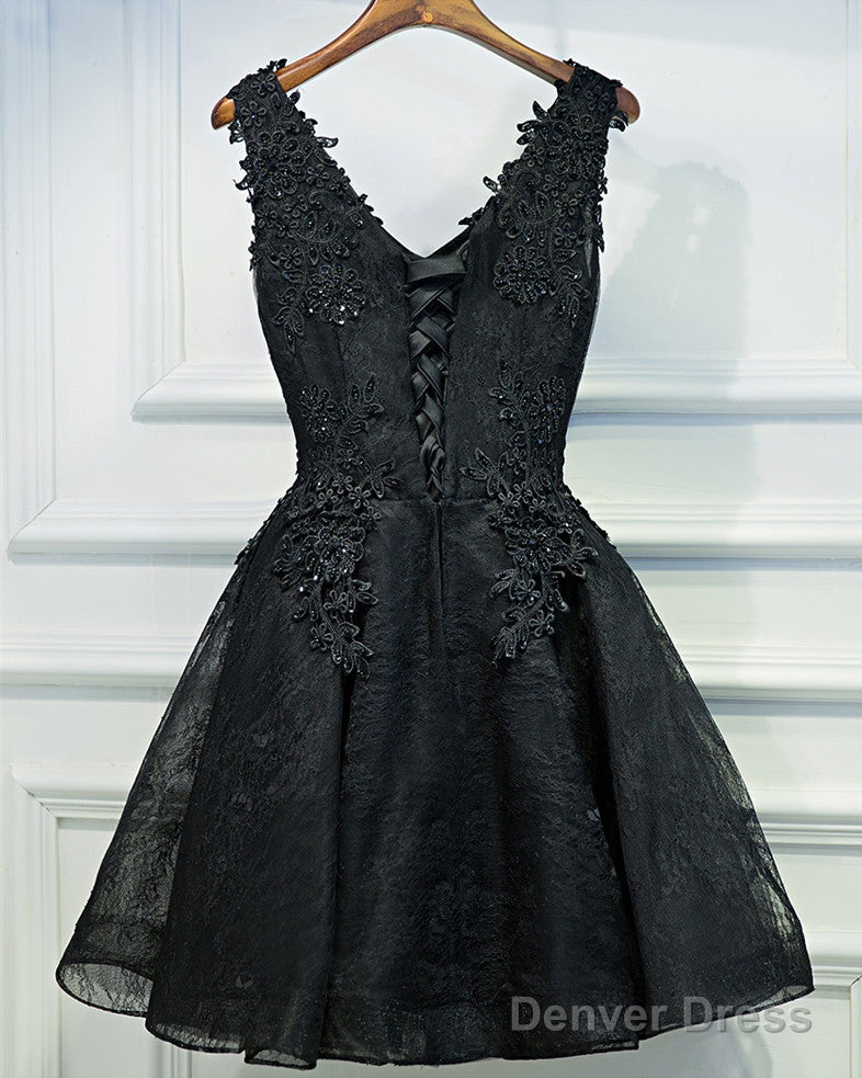 A Line V Neck Short Black Lace Prom Dresses, Black Short Formal Dresse