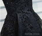 A Line V Neck Short Black Lace Prom Dresses, Black Short Formal Dresses, Black Lace Graduation Dresses, Homecoming Dresses