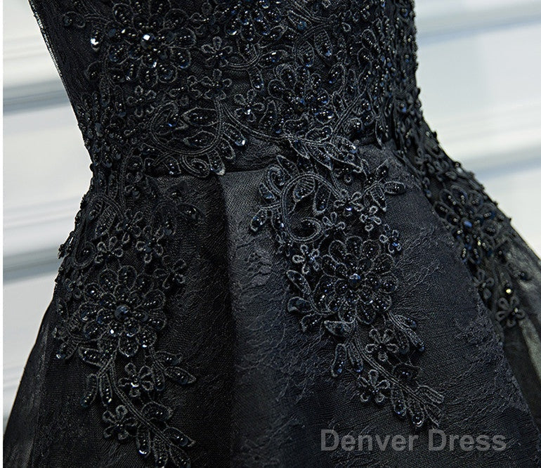A Line V Neck Short Black Lace Prom Dresses, Black Short Formal Dresses, Black Lace Graduation Dresses, Homecoming Dresses