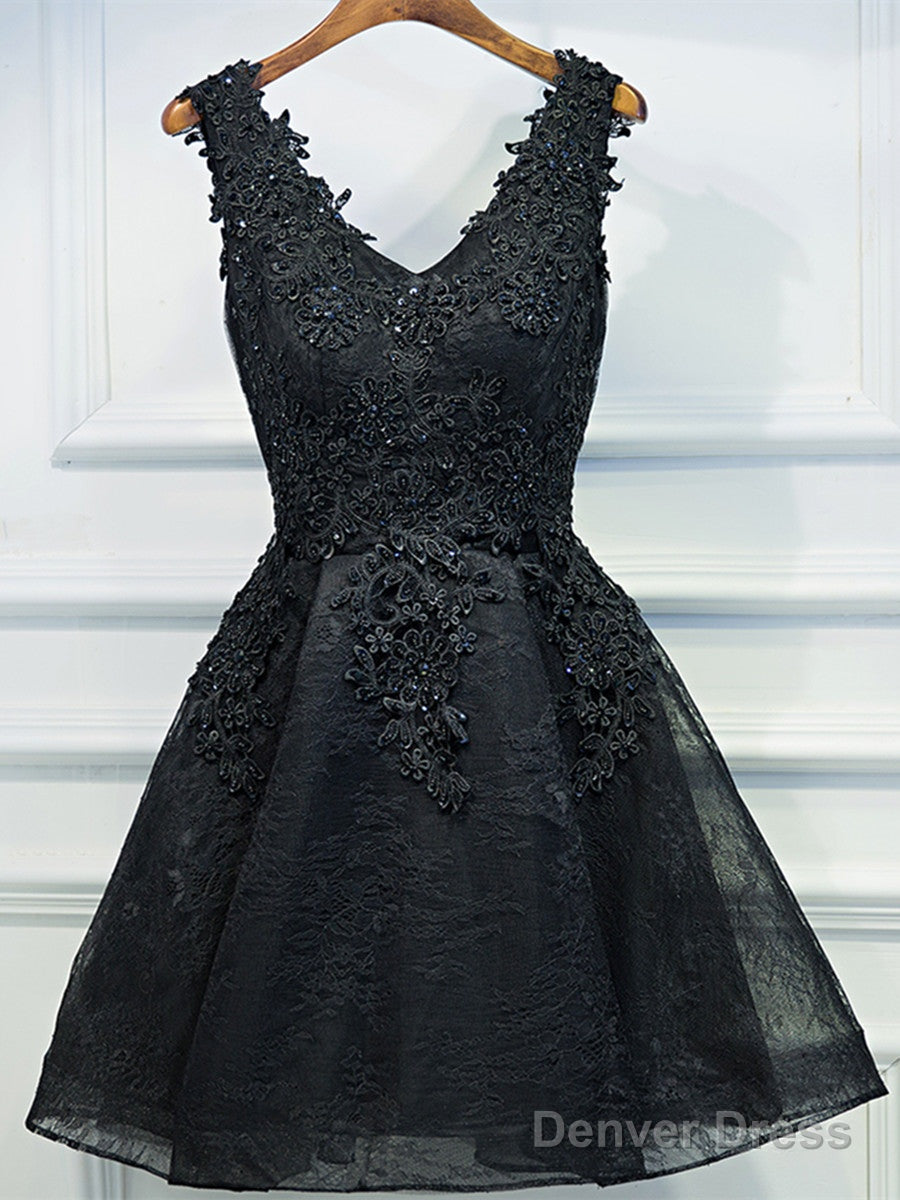 A Line V Neck Short Black Lace Prom Dresses, Black Short Formal Dresses, Black Lace Graduation Dresses, Homecoming Dresses