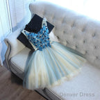 A Line V Neck Short Blue Floral Prom Dress, Short Floral Blue Graduation Homecoming Dresses