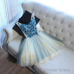 A Line V Neck Short Blue Floral Prom Dresses, Short Floral Blue Graduation Homecoming Dresses