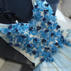 A Line V Neck Short Blue Floral Prom Dress, Short Floral Blue Graduation Homecoming Dresses
