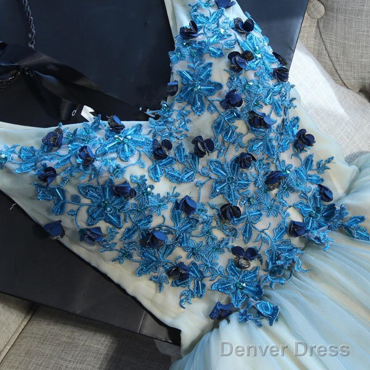 A Line V Neck Short Blue Floral Prom Dress, Short Floral Blue Graduation Homecoming Dresses