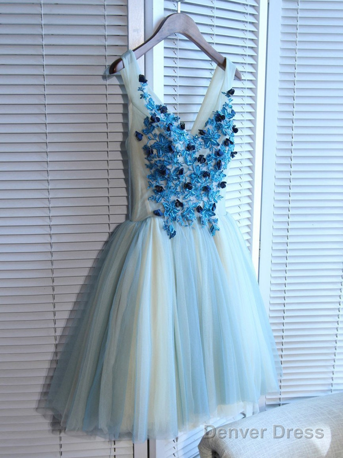 A Line V Neck Short Blue Floral Prom Dresses, Short Floral Blue Graduation Homecoming Dresses
