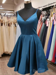 A Line V Neck Short Blue Prom Dresses, V Neck Short Blue Formal Graduation Dresses