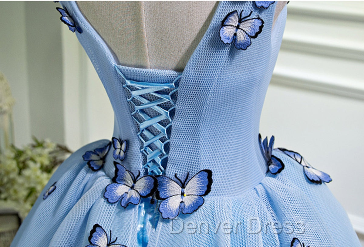 A Line V Neck Short Blue Prom Dresses with Butterfly, Short Blue Forma