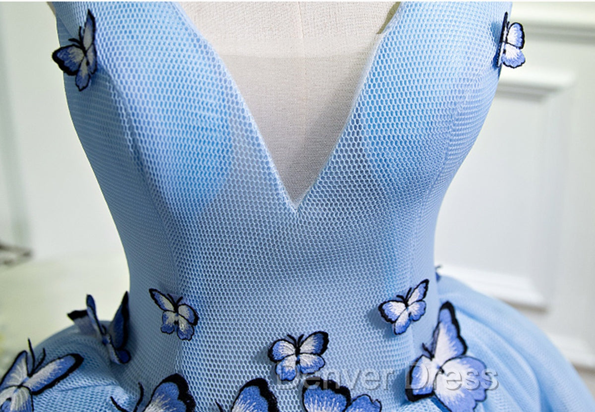 A Line V Neck Short Blue Prom Dresses with Butterfly, Short Blue Forma