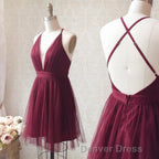 A Line V Neck Short Burgundy Backless Prom Dress, Short Burgundy Backless Prom Homecoming Dresses