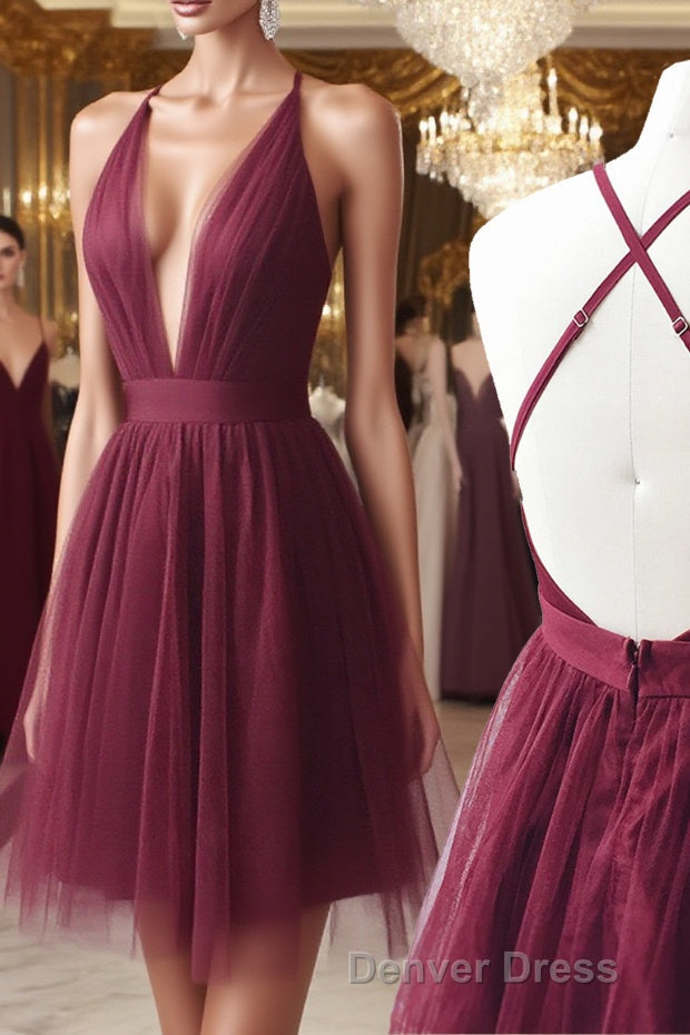 A Line V Neck Short Burgundy Backless Prom Dress, Short Burgundy Backless Prom Homecoming Dresses
