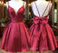 A Line V Neck Short Burgundy Backless Prom Dresses, Short Wine Red Formal Homecoming Dresses