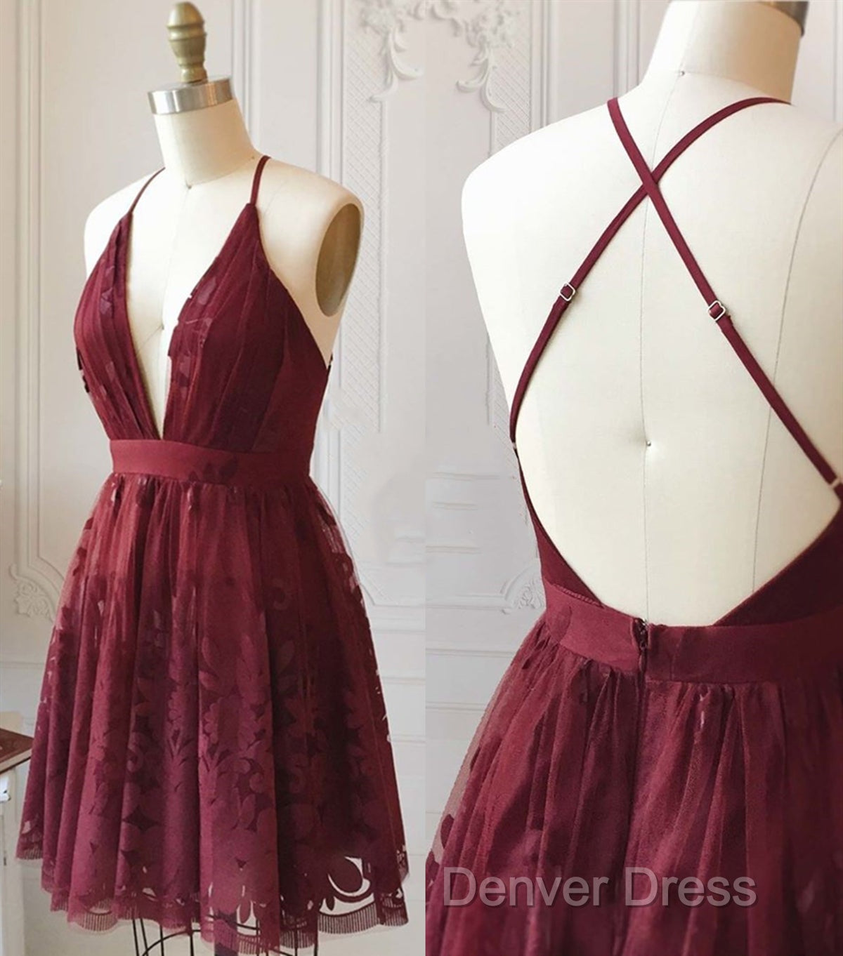 A Line V Neck Short Burgundy Lace Prom Dresses, Short Burgundy Lace Formal Homecoming Dresses Secondary image