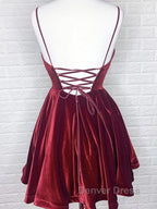 A Line V Neck Short Burgundy Prom Dress, Short Wine Red Prom Homecoming Dresses