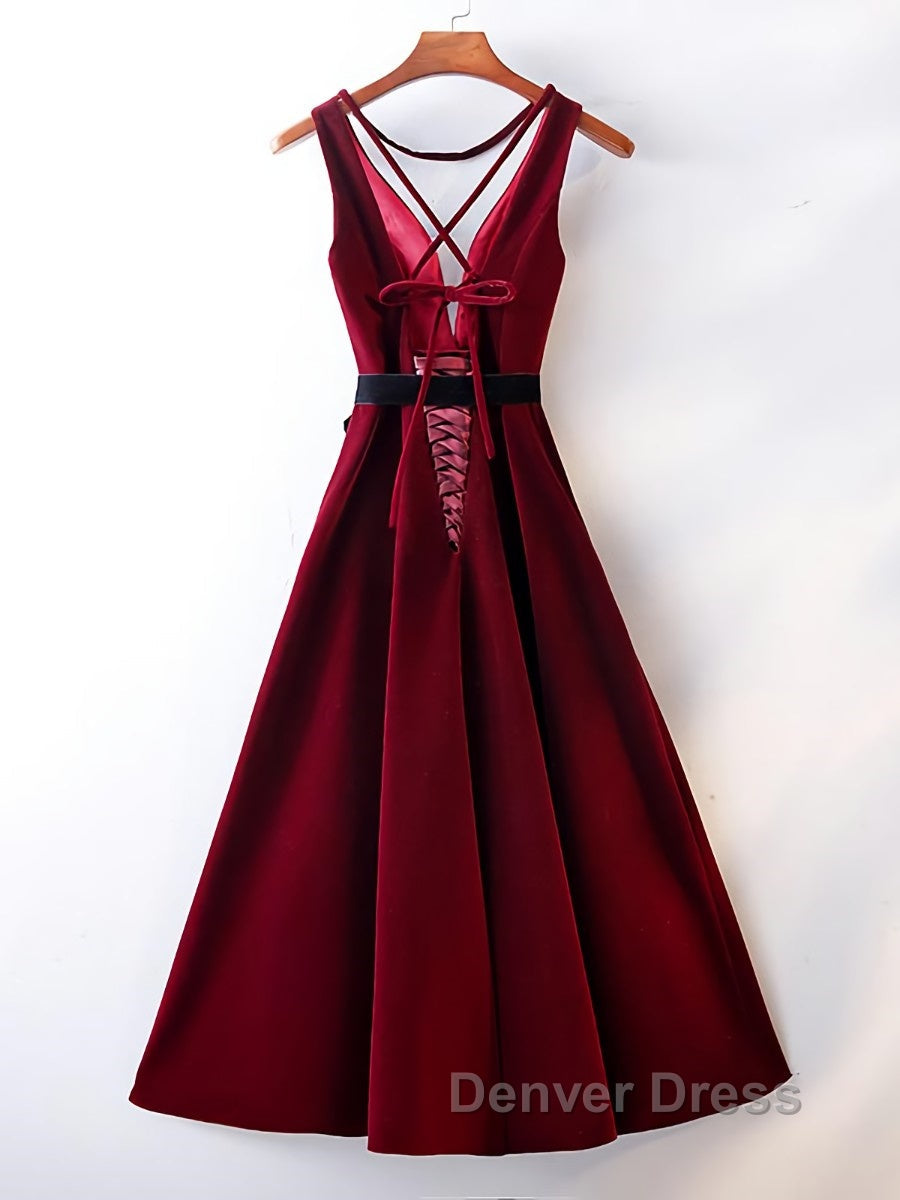 A Line V Neck Short Burgundy Prom Dress, Wine Red Short Prom Graduation Homecoming Dresses Secondary image
