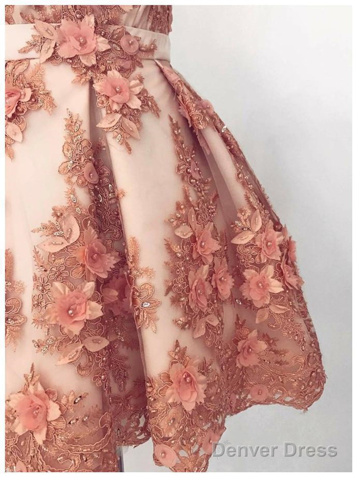 A Line V Neck Short Champagne Floral Lace Prom Dresses, Short Champagne Lace Formal Homecoming Dresses