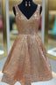 A Line V Neck Short Champagne Lace Prom Dresses, V Neck Short Champagne Lace Formal Homecoming Dresses