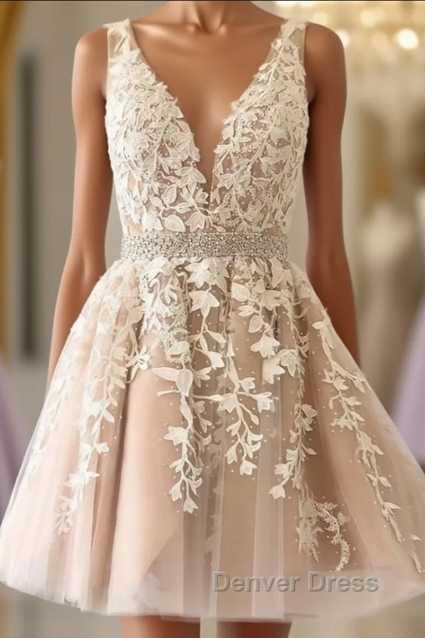 A Line V Neck Short Champagne Lace Wedding Dress, Short Champagne Lace Prom Dresses Main image