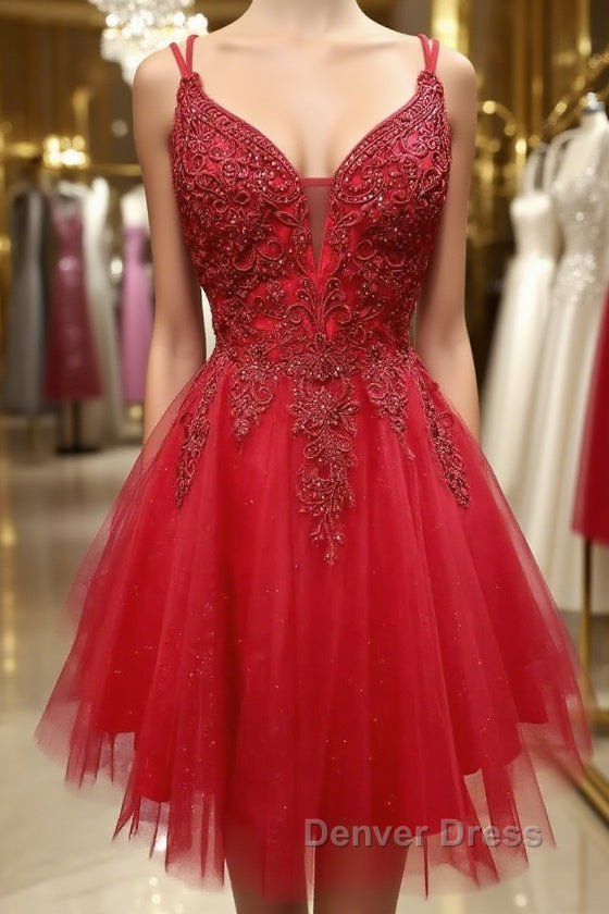 A Line V Neck Short Dark Red Lace Prom Dresses, Short Dark Red Lace Formal Homecoming Dresses