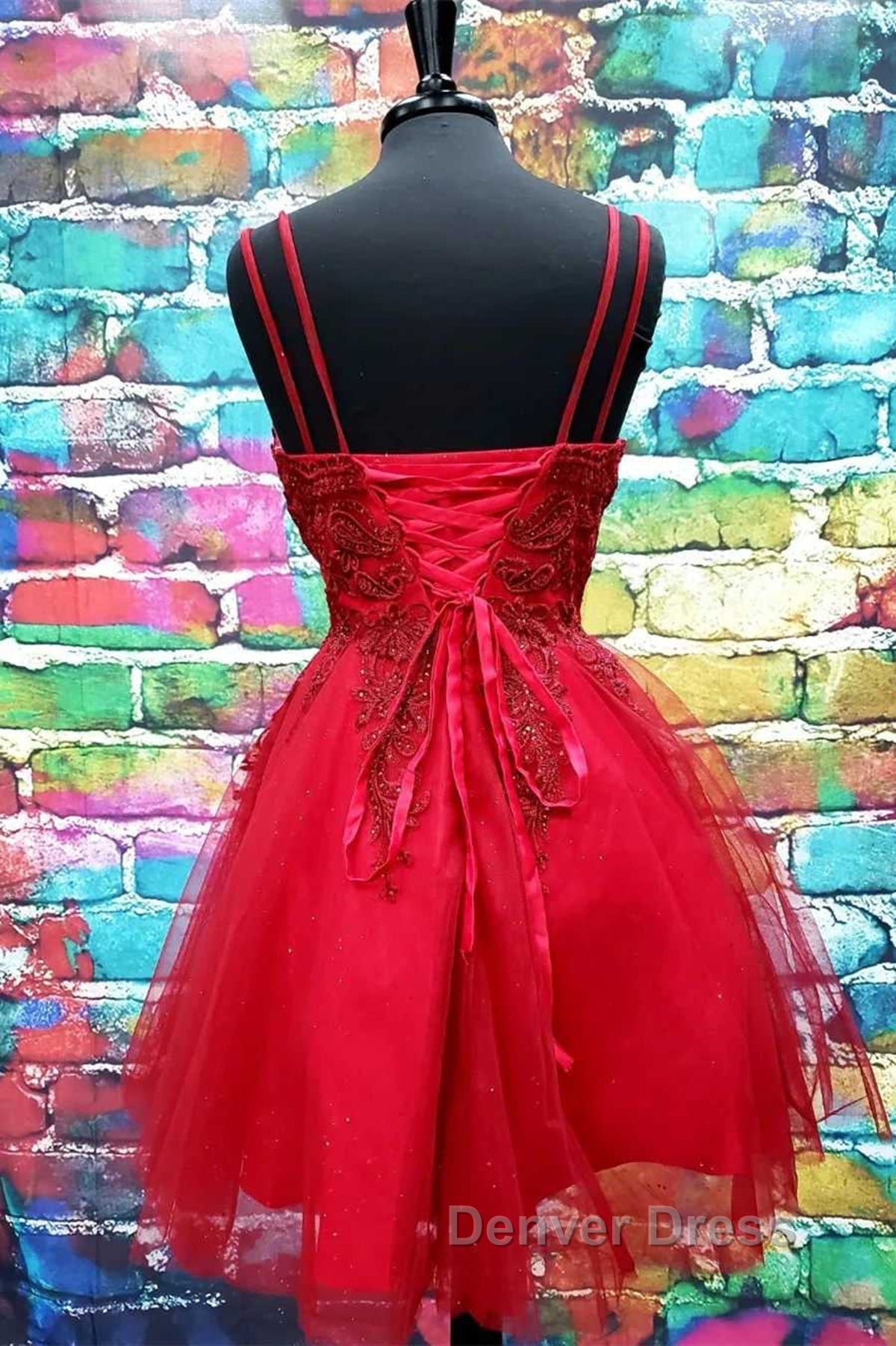A Line V Neck Short Dark Red Lace Prom Dress, Short Dark Red Lace Prom Homecoming Dresses Secondary image