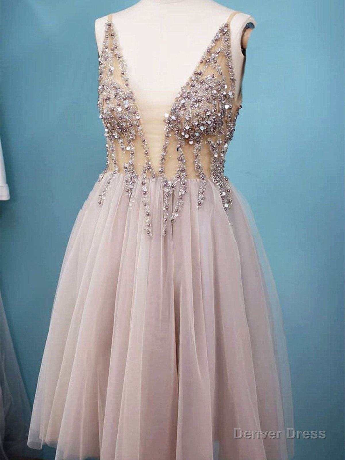 A Line V Neck Short Gray Beaded Prom Dress, Short Grey Prom Homecoming Dresses with Beading Main image