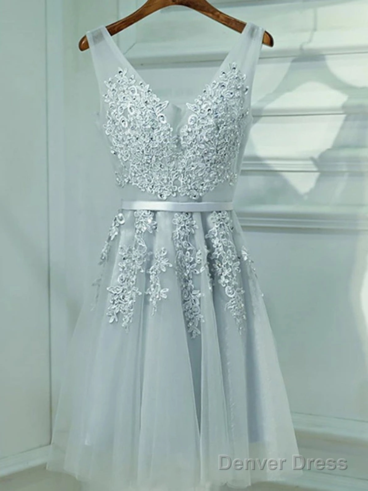 A Line V Neck Short Gray Lace Prom Dress, Short Gray Lace Prom Homecoming Dresses Main image
