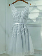 A Line V Neck Short Gray Lace Prom Dress, Short Gray Lace Prom Homecoming Dresses