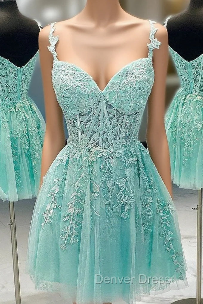 A Line V Neck Short Green Lace Prom Dresses, Short Green Lace Formal Homecoming Dresses Main image