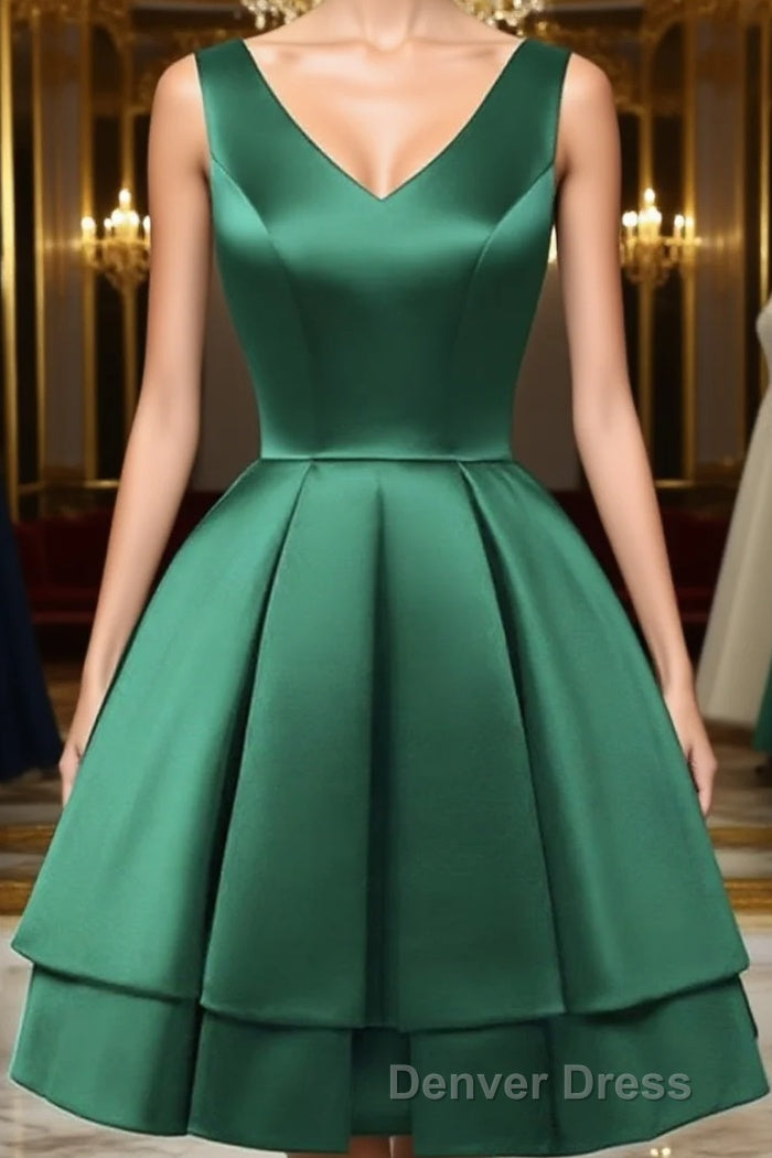 A Line V Neck Short Green Satin Prom Dress, Short Green Satin Homecoming Graduation Dresses Main image