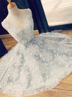 A Line V Neck Short Lace Prom Dresses, Homecoming Graduation Dresses, Short Lace Bridesmaid Dresses