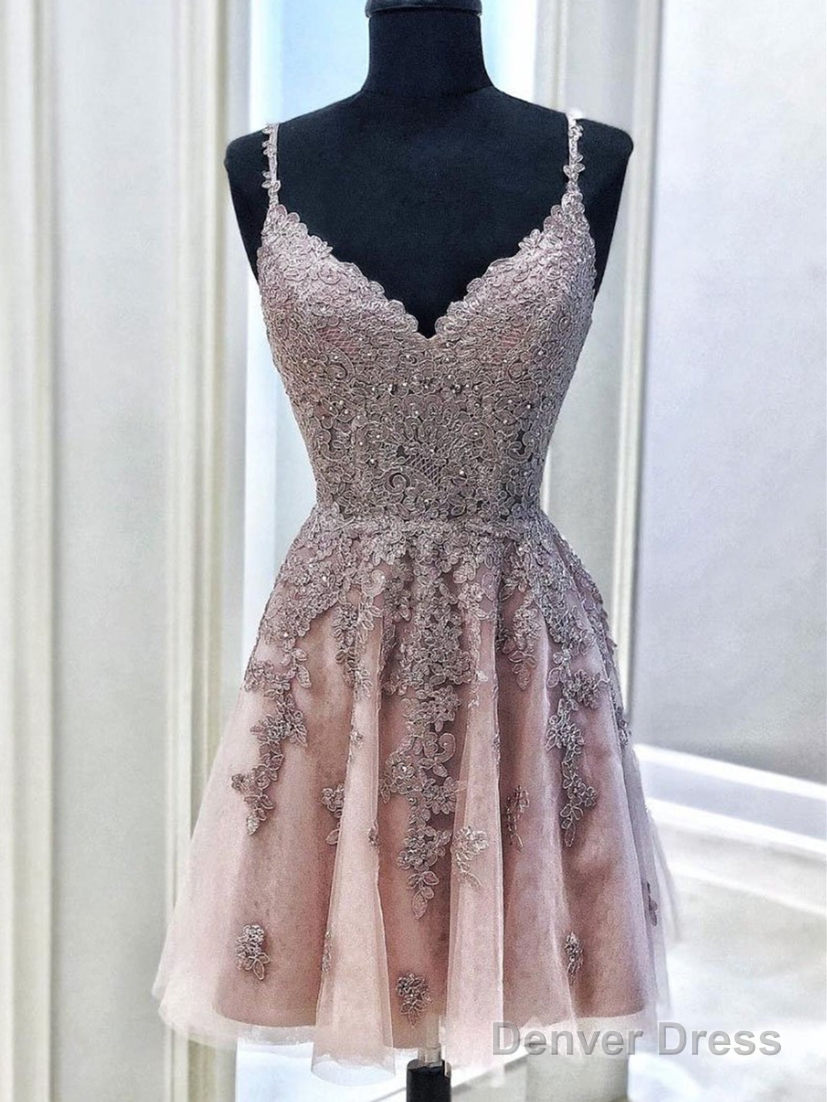 A Line V Neck Short Lace Prom Dress, Short V Neck Lace Prom Homecoming Cocktail Dresses Main image