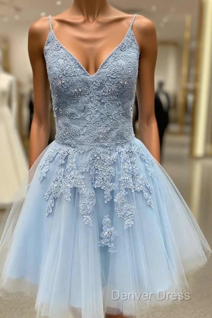 A Line V Neck Short Light Blue Lace Prom Dresses, Short Light Blue Lace Homecoming Dresses Main image