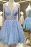 A-line V Neck Short/Mini Lace Homecoming Dresses With Appliqued Beading