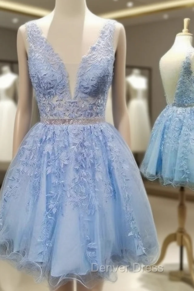 A Line V Neck Short Mini Lace Homecoming Dresses With Appliqued Beading