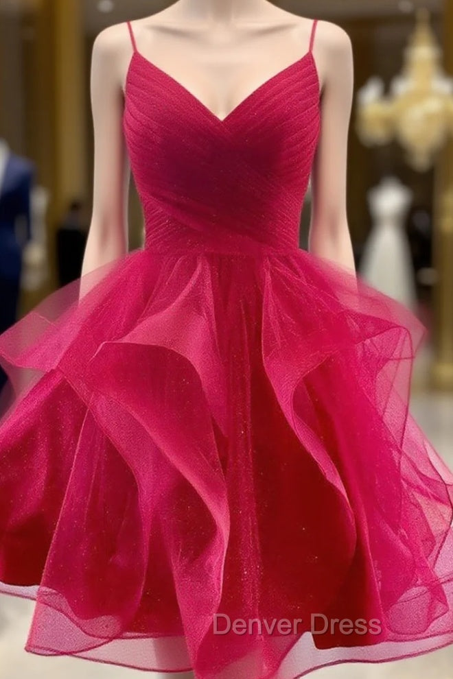 A-line V Neck Short/Mini Tulle Homecoming Dresses With Glitter Pleated Main image