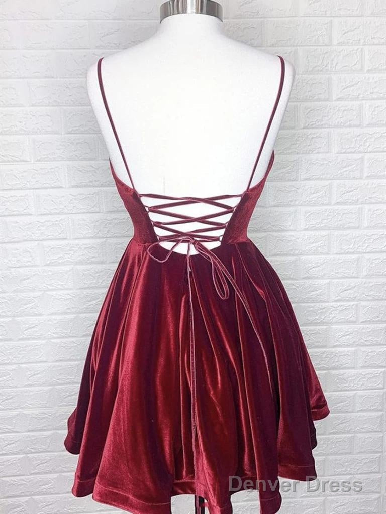 A Line V Neck Short Mini Velvet Homecoming Dresses With Back Tie Design Secondary image